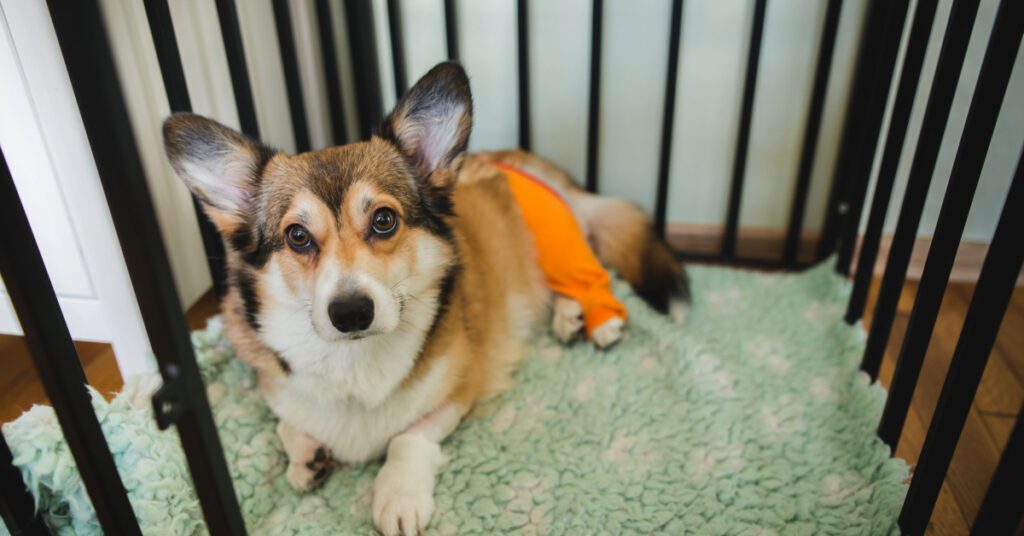 corgi dog laying on a blanket in a crate after Tibial Plateau Leveling Osteotomy (TPLO) surgery